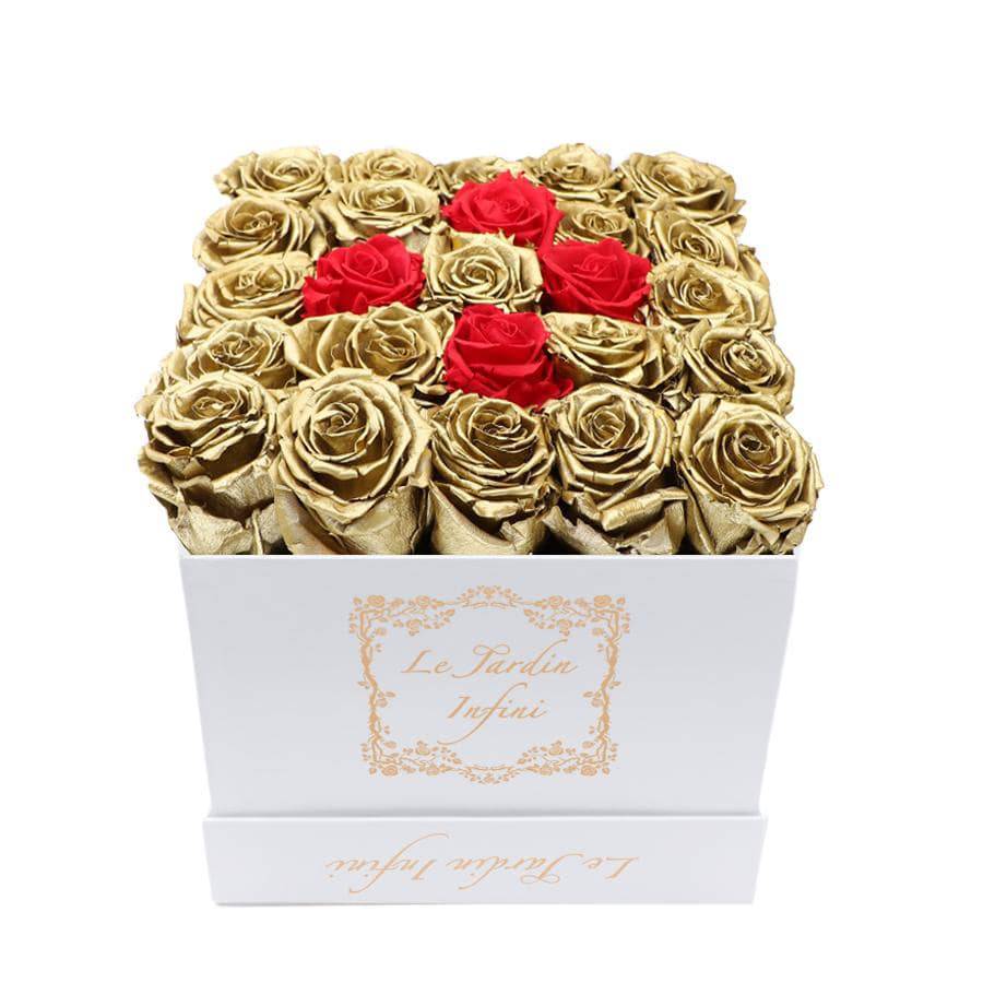 Gold and 4 Red Preserved Roses - Medium Square White Box