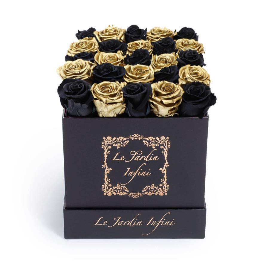 Gold and Black Checker Preserved Roses - Medium Square Black Box - Le Jardin Infini Roses in a Box