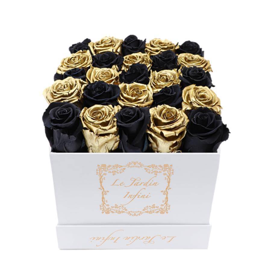 Gold and Black Checker Preserved Roses - Medium Square White Box - Le Jardin Infini Roses in a Box