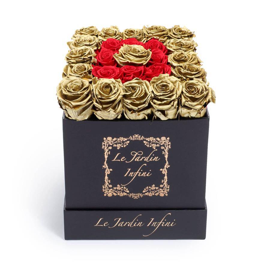 Gold and Red Preserved Roses - Medium Square Black Box