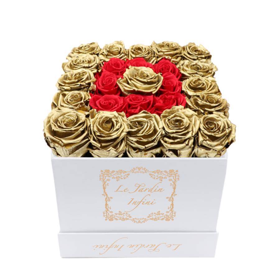 Gold and Red Preserved Roses - Medium Square White Box