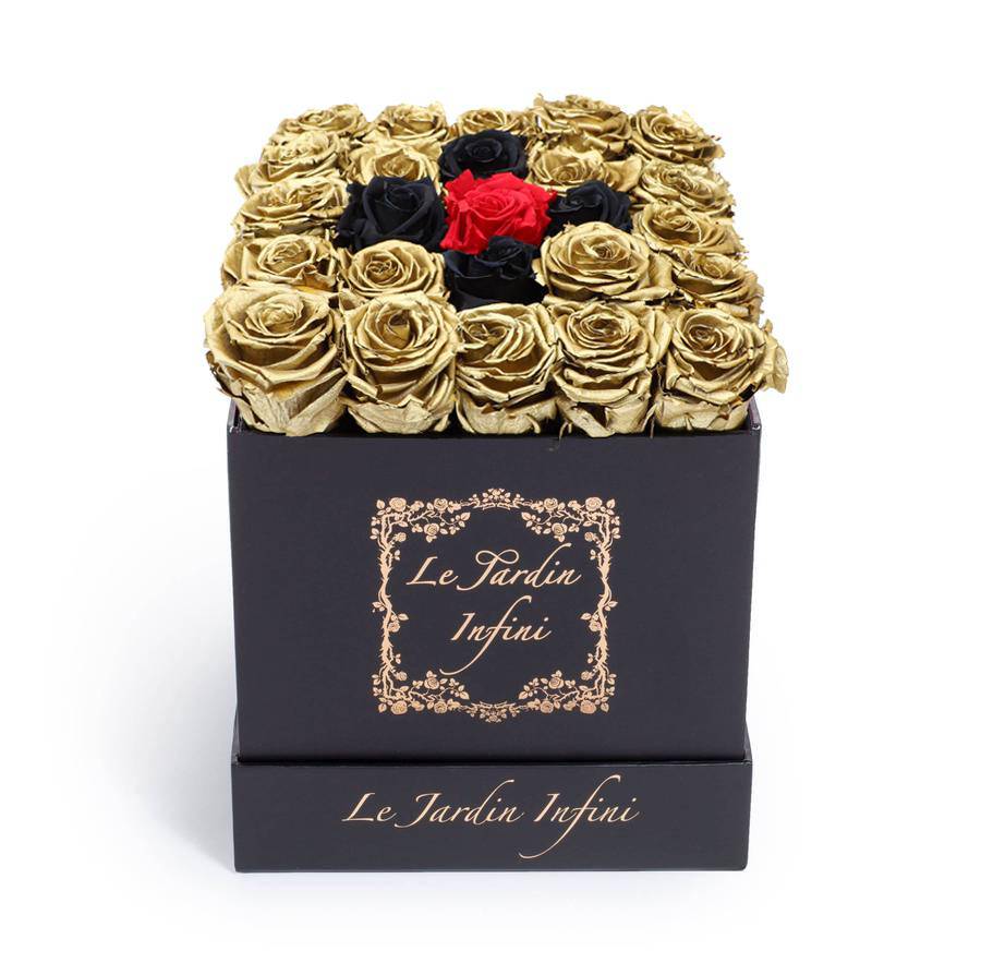 Gold, Black & 1 Red Preserved Roses - Medium Square Black Box