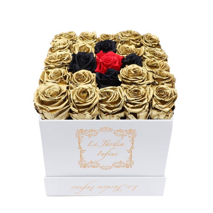 Gold, Black & 1 Red Preserved Roses - Medium Square White Box - Le Jardin Infini Roses in a Box