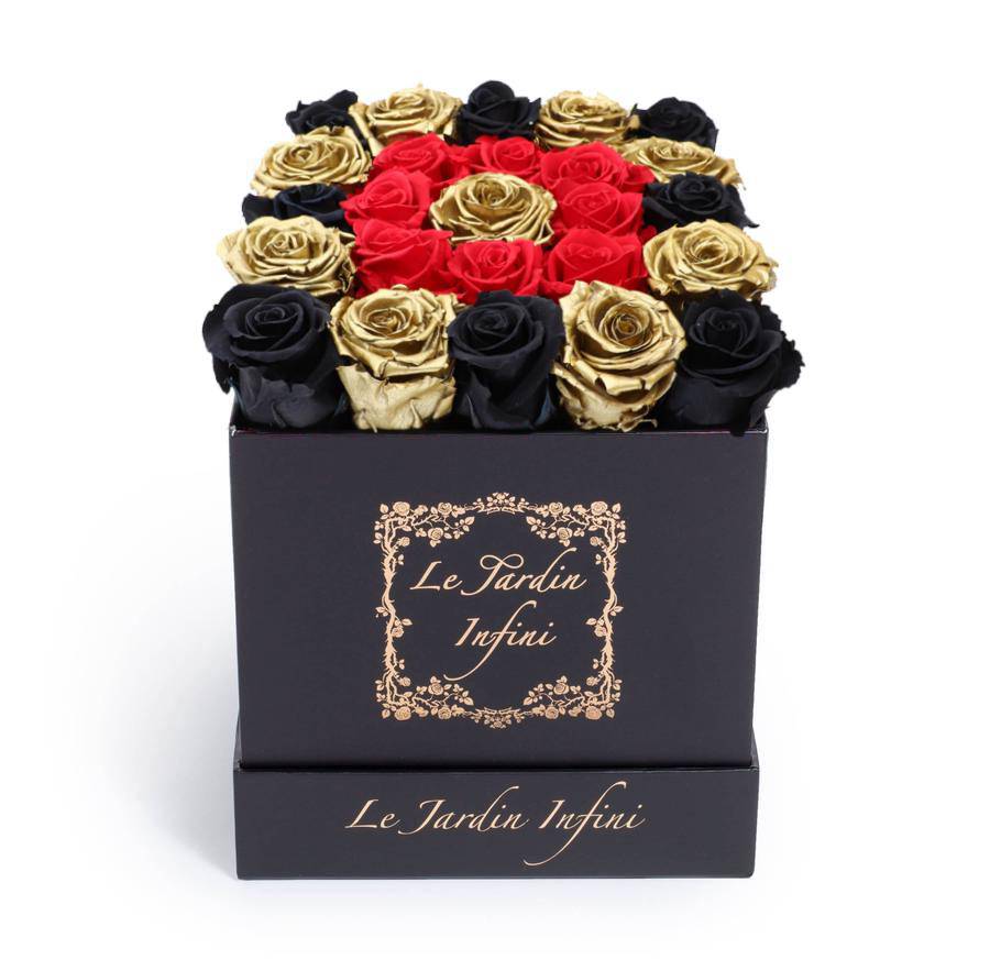 Gold, Black & Red 1 Gold Center Preserved Roses - Medium Square Black Box