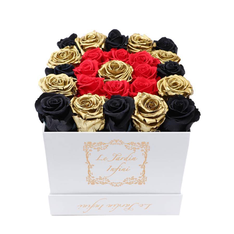 Gold, Black & Red 1 Gold Center Preserved Roses - Medium Square White Box - Le Jardin Infini Roses in a Box