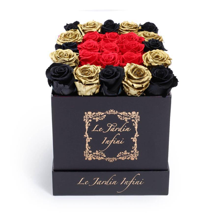 Gold, Black & Red Center Preserved Roses - Medium Square Black Box - Le Jardin Infini Roses in a Box