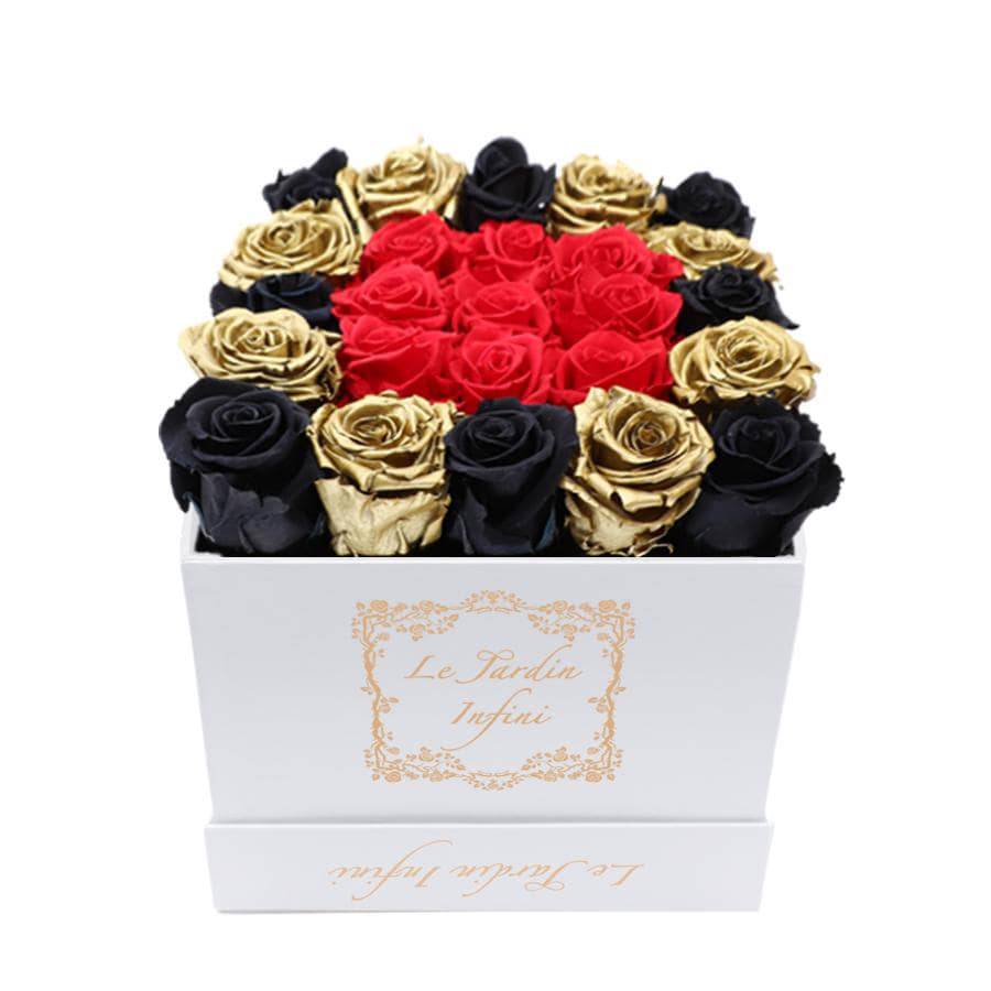 Gold, Black & Red Center Preserved Roses - Medium Square White Box - Le Jardin Infini Roses in a Box