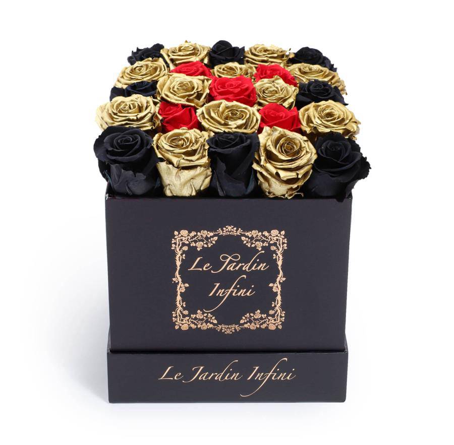 Gold, Black & Red Checker Preserved Roses - Medium Square Black Box