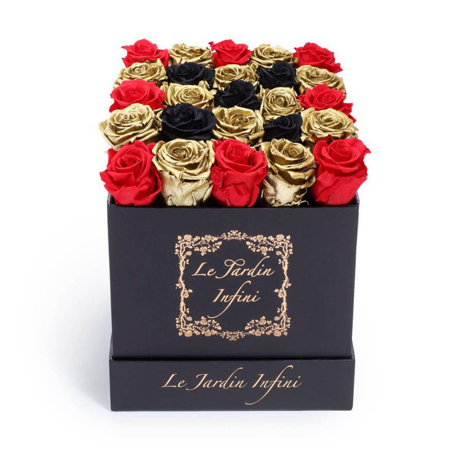 Gold, Black & Red Checker Preserved Roses - Medium Square Black Box - Le Jardin Infini Roses in a Box