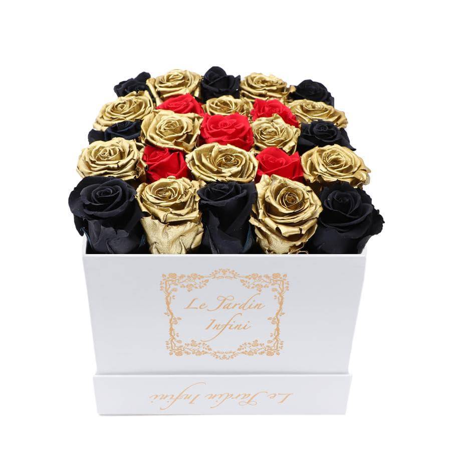 Gold, Black & Red Checker Preserved Roses - Medium Square White Box - Le Jardin Infini Roses in a Box