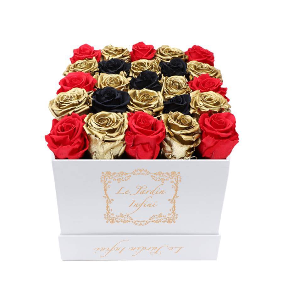 Gold, Black & Red Checker Preserved Roses - Medium Square White Box - Le Jardin Infini Roses in a Box