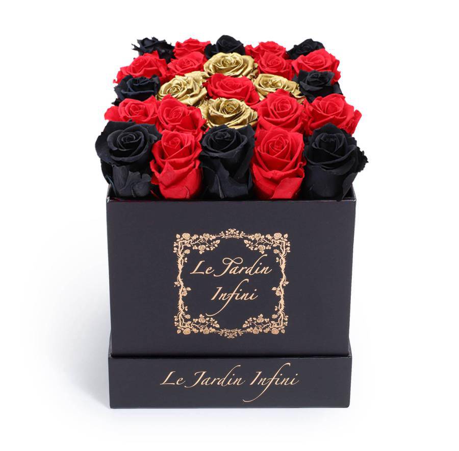 Gold, Black & Red Design Preserved Roses - Medium Square Black Box