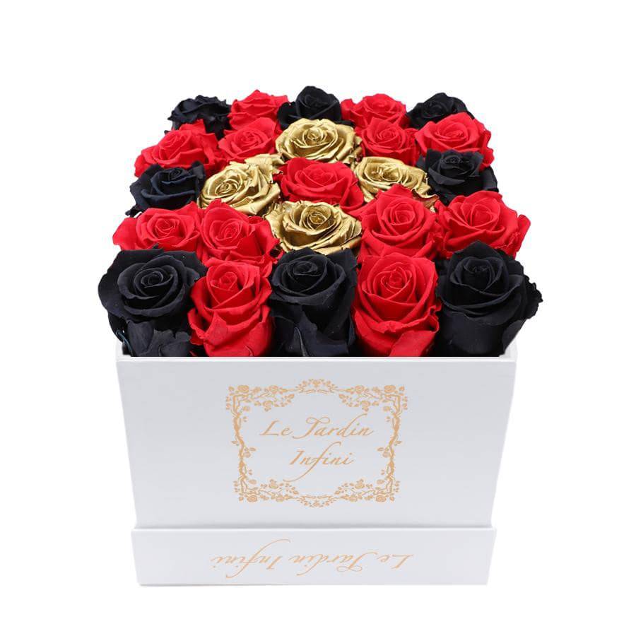Gold, Black & Red Design Preserved Roses - Medium Square White Box