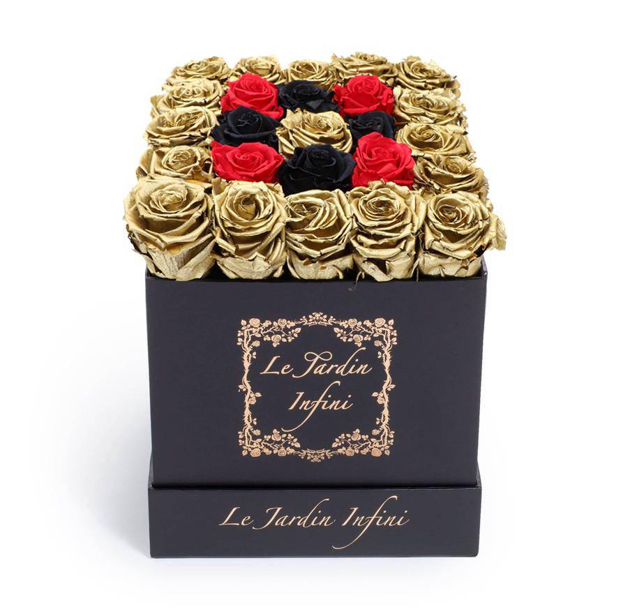 Gold, Black & Red Preserved Roses - Medium Square Black Box - Le Jardin Infini Roses in a Box