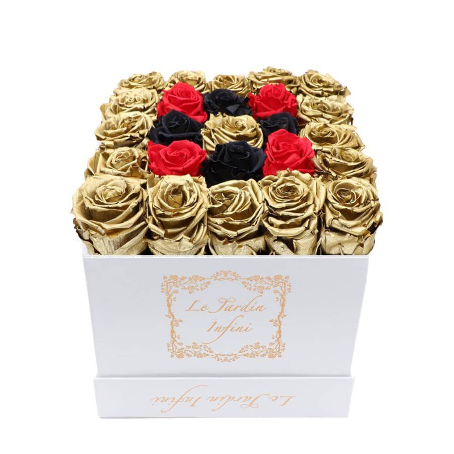 Gold, Black & Red Preserved Roses - Medium Square White Box - Le Jardin Infini Roses in a Box