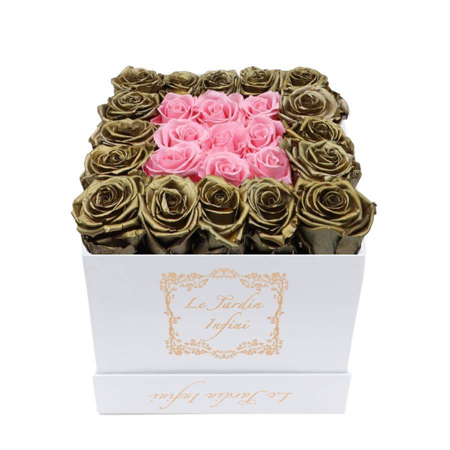 Gold & Pink Center Preserved Roses - Medium Square White Box