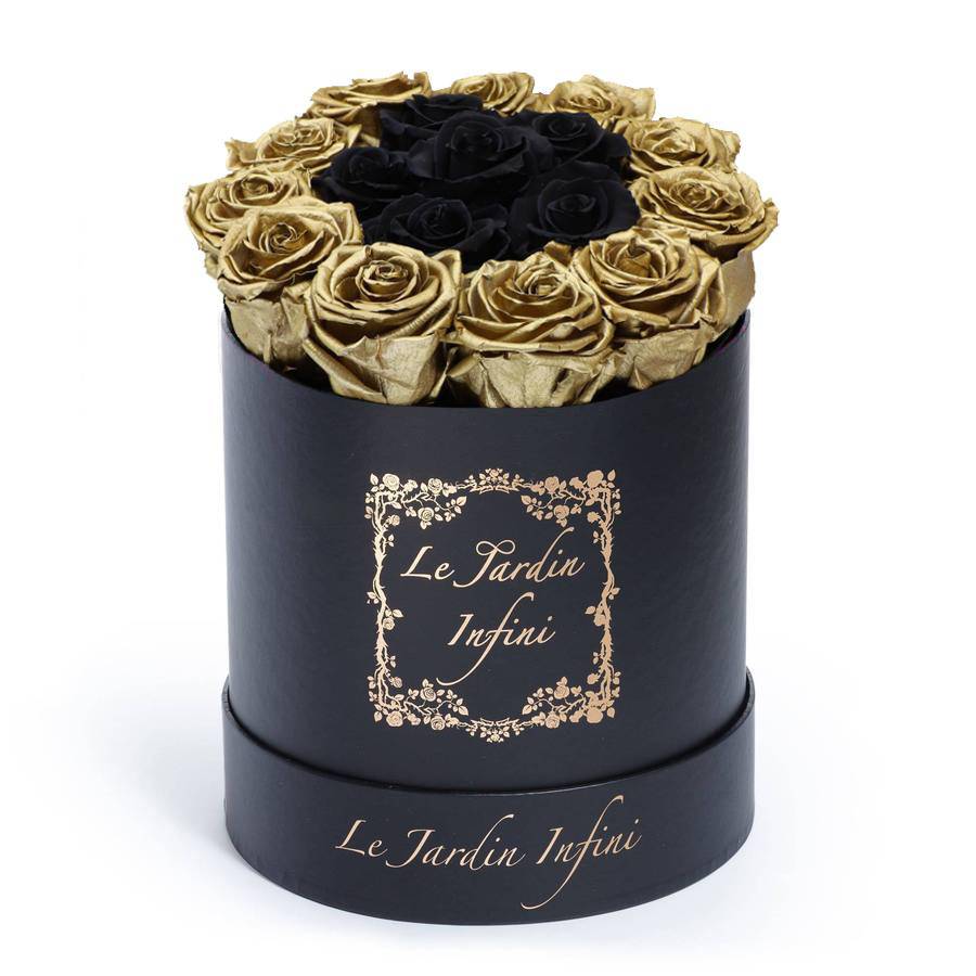 Gold Preserved Roses Around a Center Black Roses - Medium Round Black Box