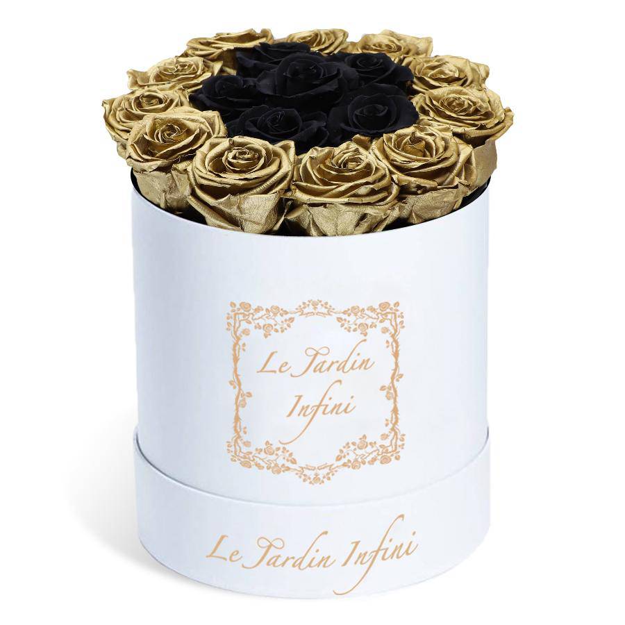 Gold Preserved Roses Around a Center Black Roses - Medium Round White Box