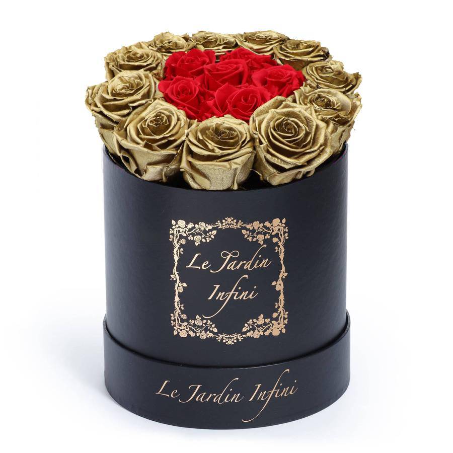 Gold Preserved Roses Around Red Roses - Medium Round Black Box - Le Jardin Infini Roses in a Box