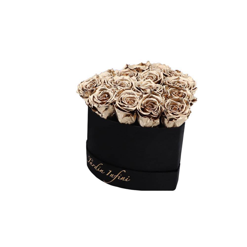 Gold Preserved Roses in A Heart Shaped Box - 16-18 Roses Heart Luxury Black Suede Box