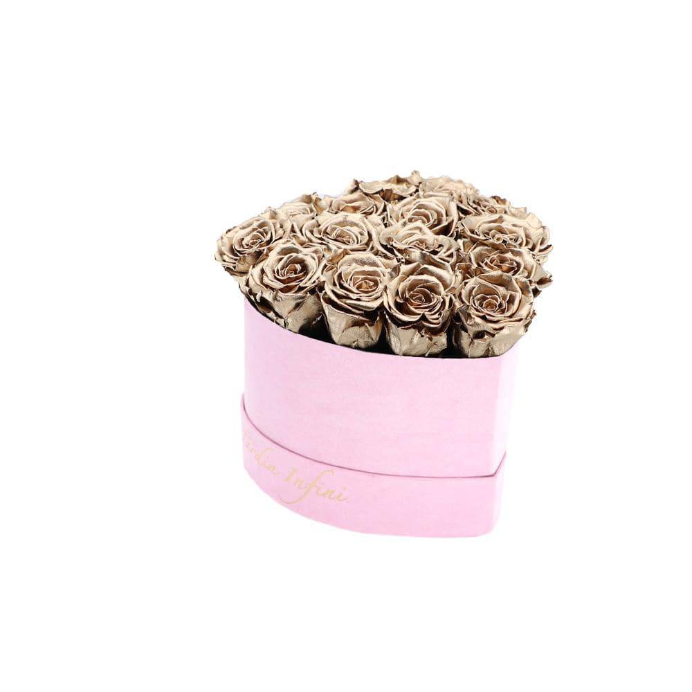 Gold Preserved Roses in A Heart Shaped Box - 16-18 Roses Heart Luxury Pink Suede Box