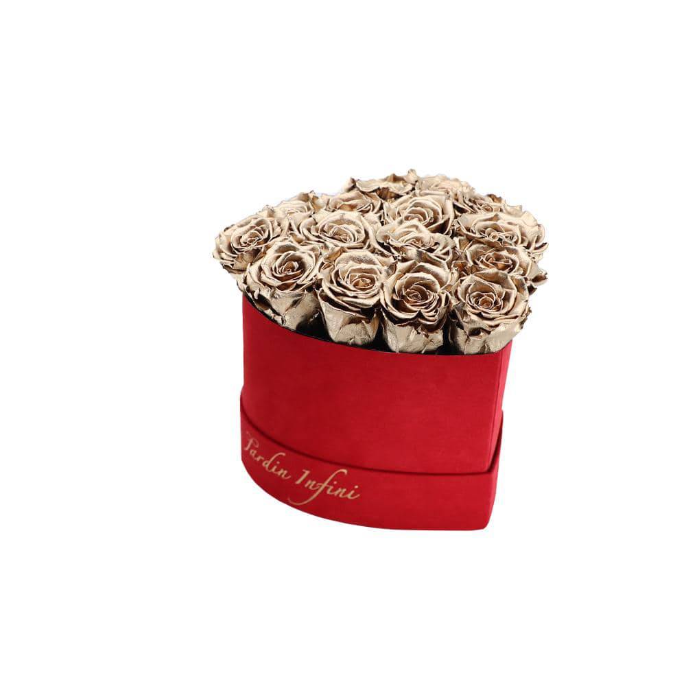 Gold Preserved Roses in A Heart Shaped Box - 16-18 Roses Heart Luxury Red Suede Box