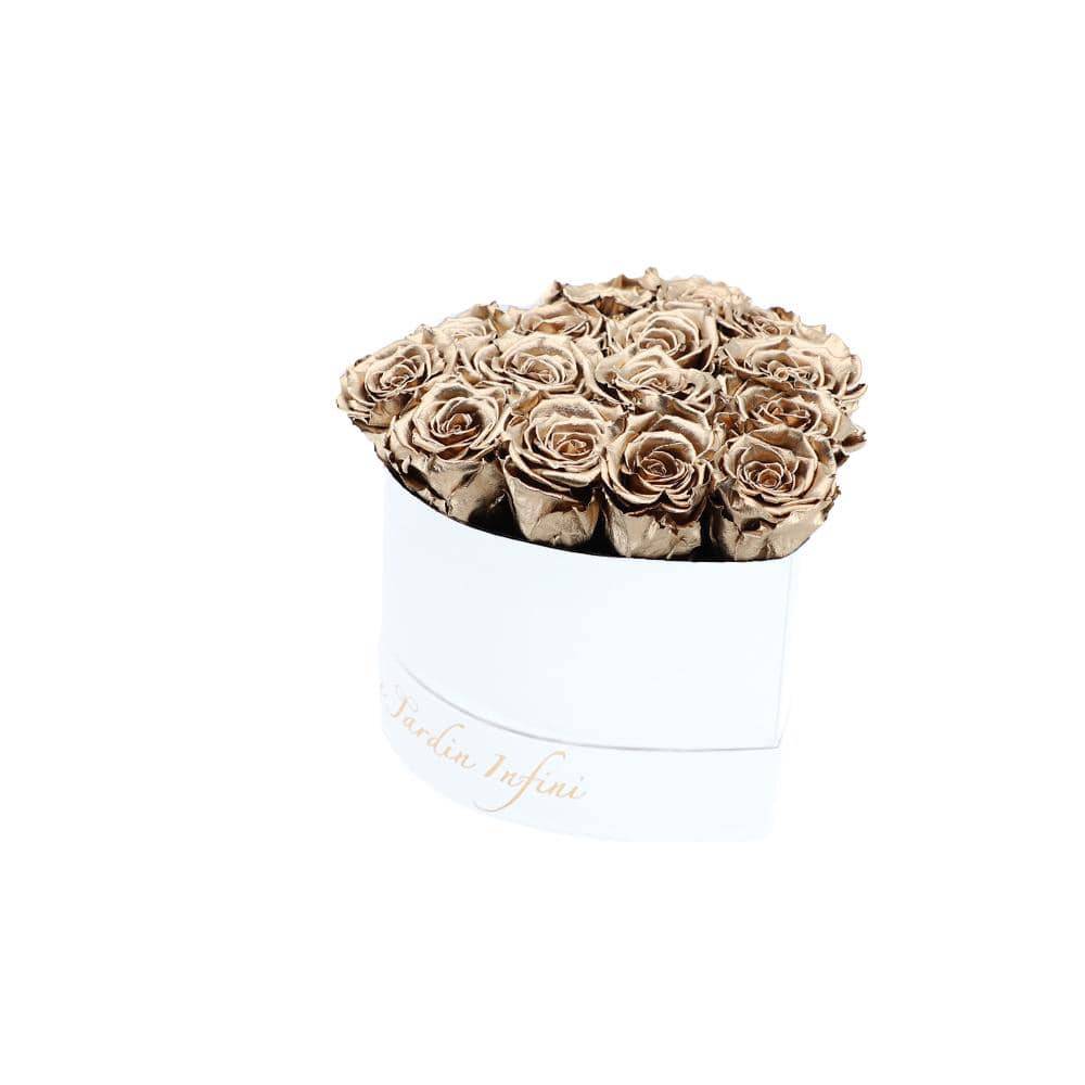 Gold Preserved Roses in A Heart Shaped Box - 16-18 Roses Heart Luxury White Suede Box