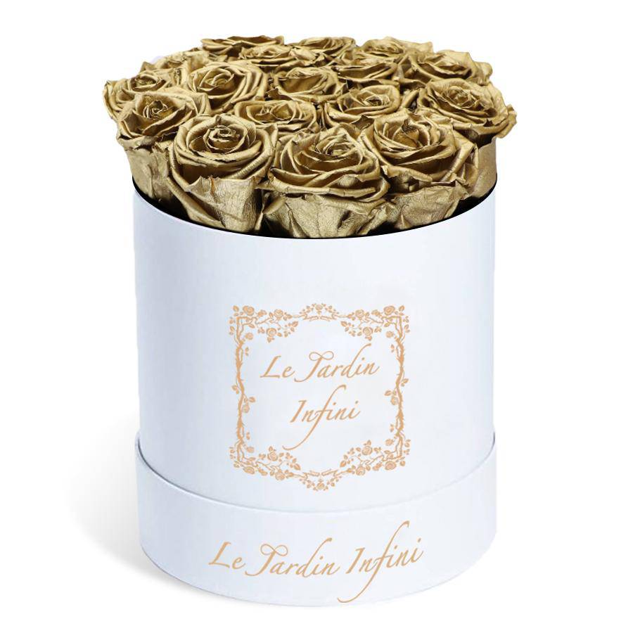 Gold Preserved Roses - Medium Round White Box - Le Jardin Infini Roses in a Box
