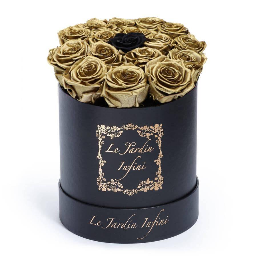 Gold Preserved Roses with 1 Black Preserved Rose in Middle - Medium Round Black Box - Le Jardin Infini Roses in a Box