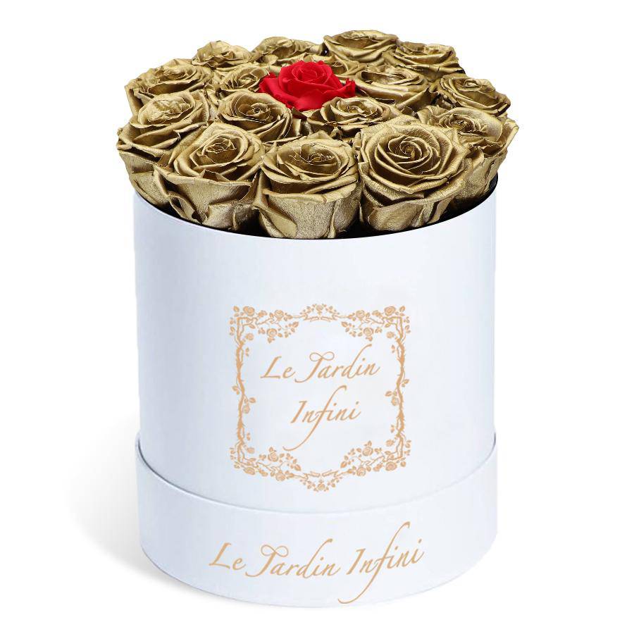 Gold Preserved Roses with 1 Red Rose in Middle - Medium Round White Box - Le Jardin Infini Roses in a Box