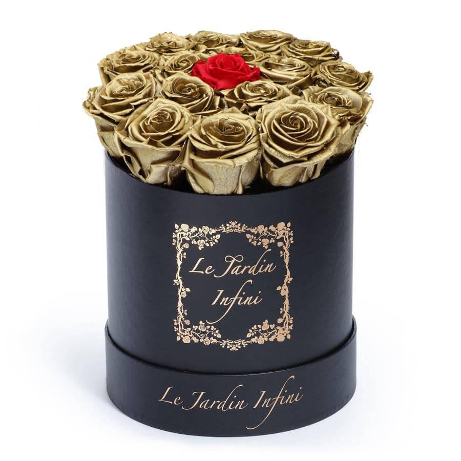 Gold Preserved Roses with 1 Red Rose - Medium Round Black Box - Le Jardin Infini Roses in a Box