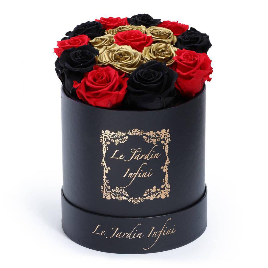Gold Preserved Roses with Black, Red & 1 Red Rose - Medium Round Black Box