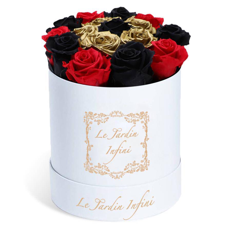 Gold Preserved Roses with Red, Black & 1 Black Rose - Medium Round White Box - Le Jardin Infini Roses in a Box