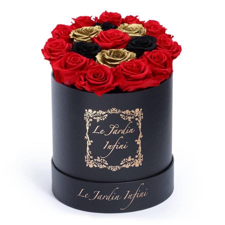 Gold Preserved with Black & Red Roses - Medium Round Black Box
