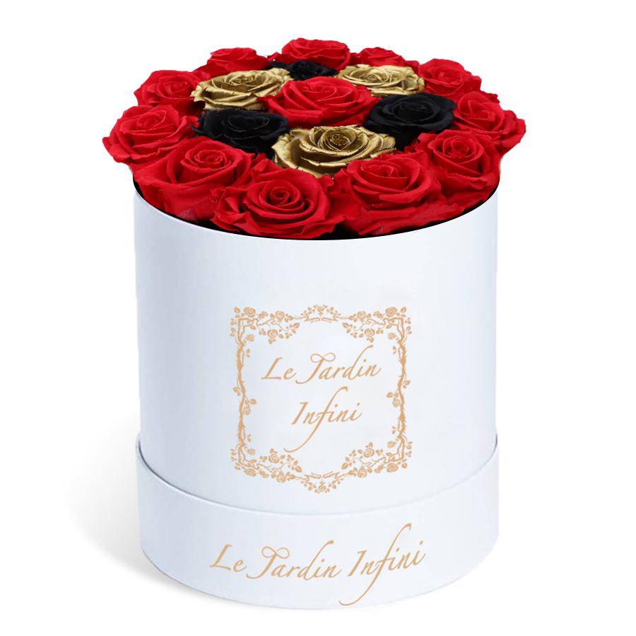 Gold Preserved with Black & Red Roses - Medium Round White Box