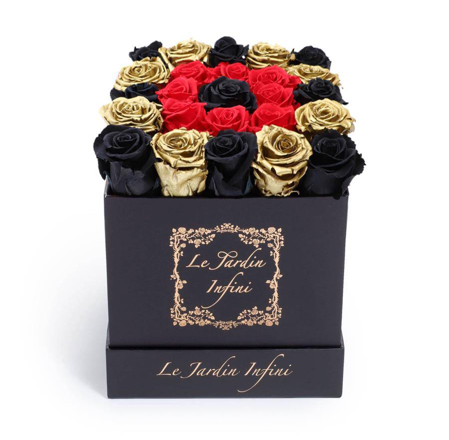 Gold, Red & 1 Black Center Preserved Roses - Medium Square Black Box - Le Jardin Infini Roses in a Box