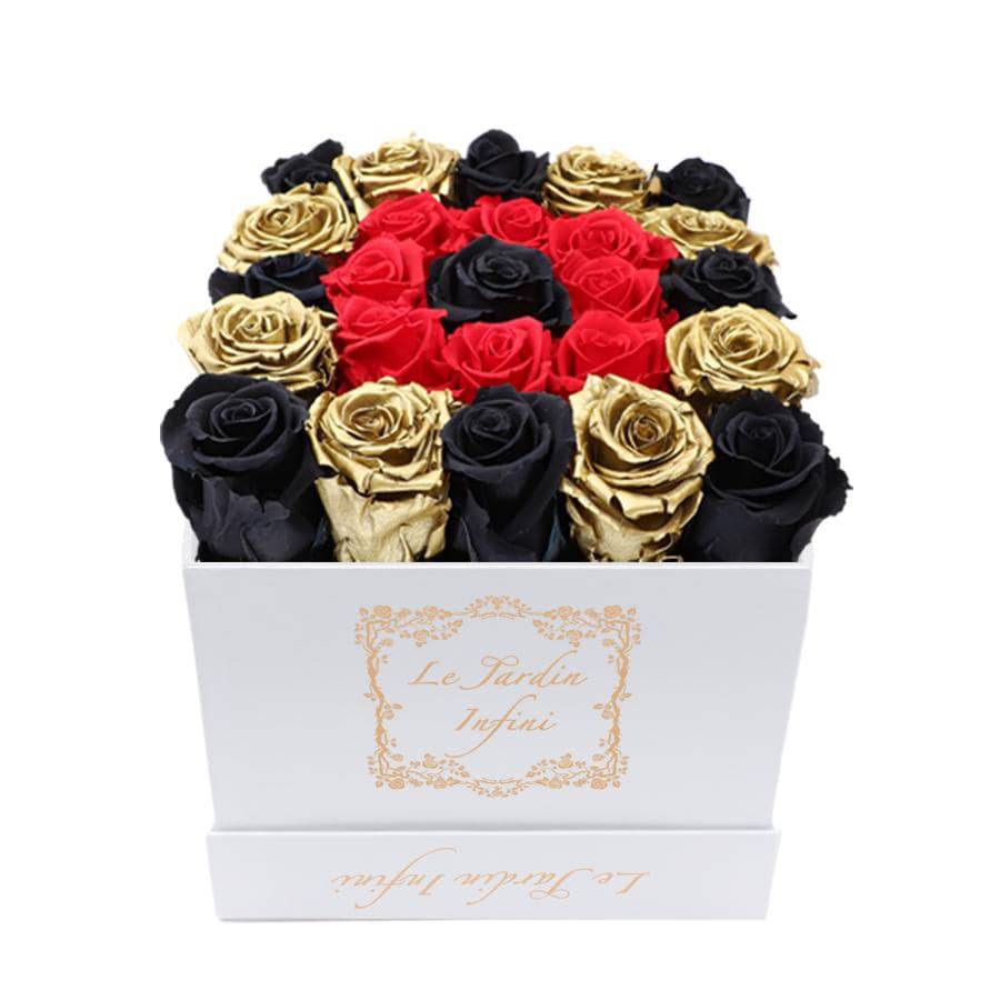 Gold, Red & 1 Black Center Preserved Roses - Medium Square White Box