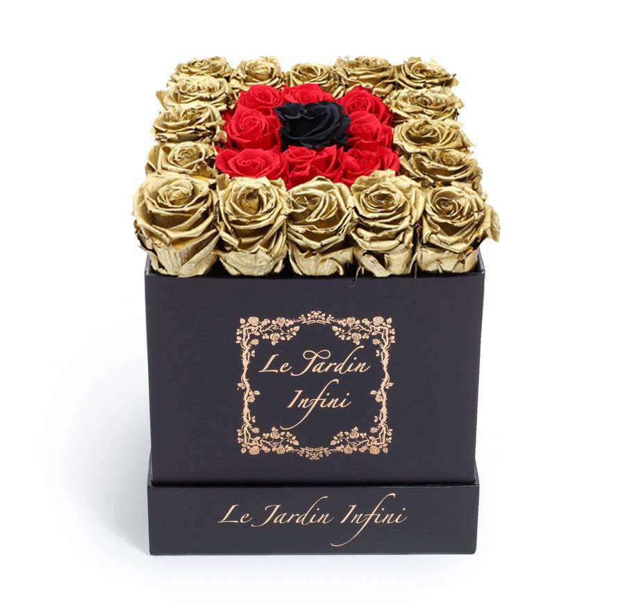 Gold, Red & 1 Black Preserved Roses - Medium Square Black Box