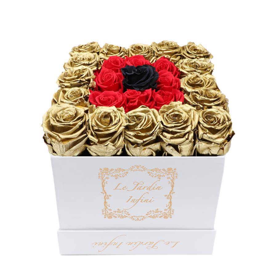 Gold, Red & 1 Black Preserved Roses - Medium Square White Box