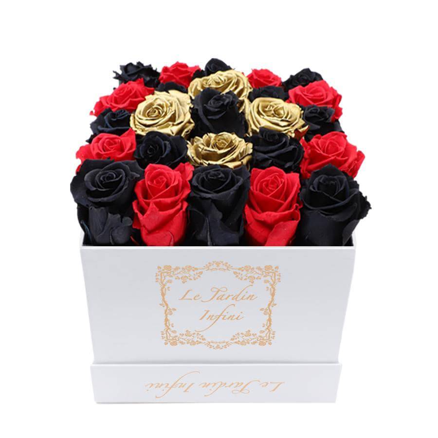 Gold, Red & Black Checker Preserved Roses - Medium Square White Box - Le Jardin Infini Roses in a Box