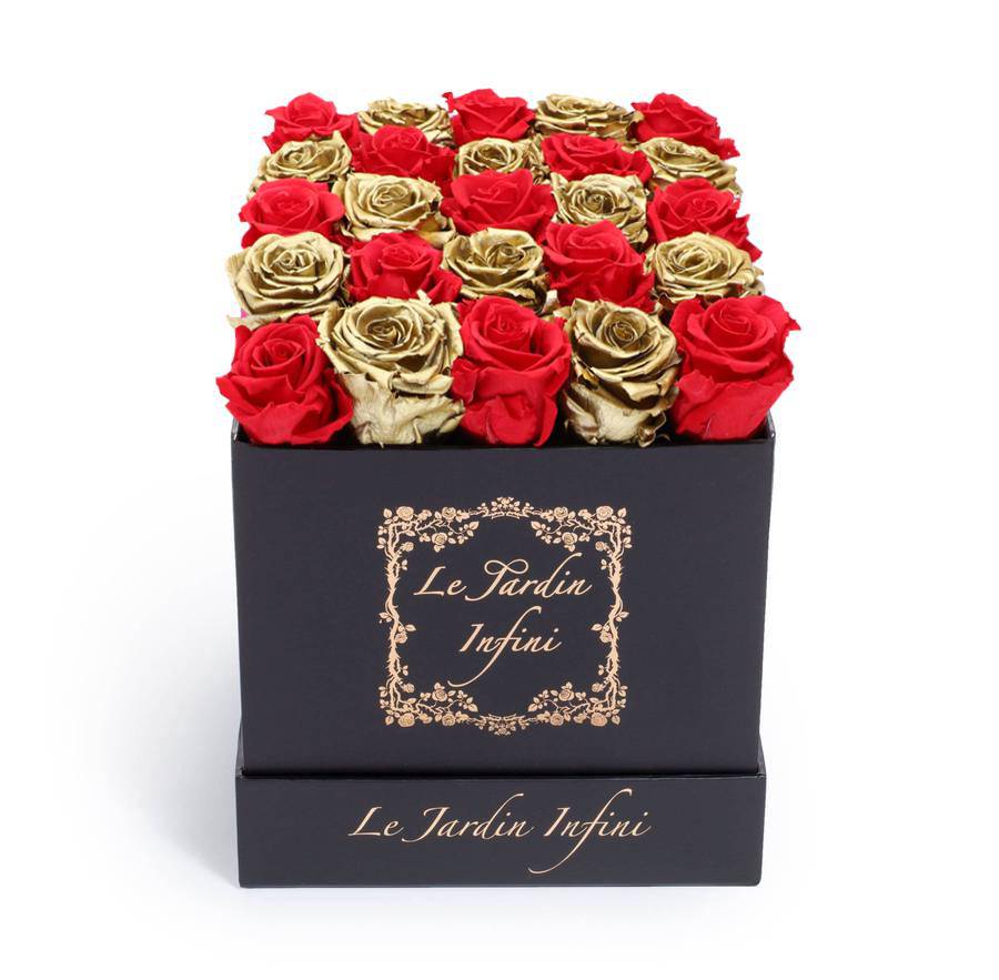 Gold & Red Checker Preserved Roses - Medium Square Black Box - Le Jardin Infini Roses in a Box