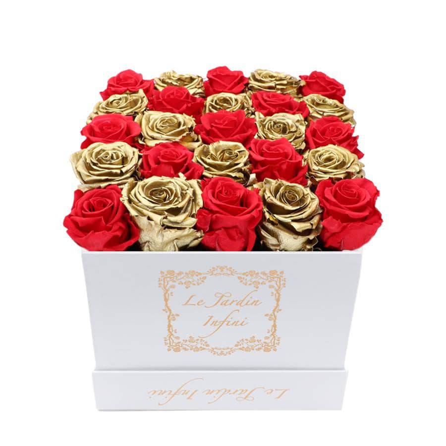 Gold & Red Checker Preserved Roses - Medium Square White Box - Le Jardin Infini Roses in a Box