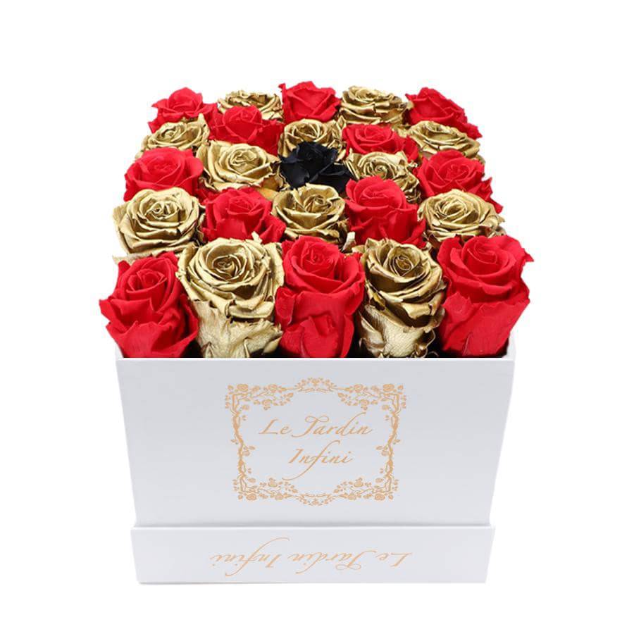 Gold & Red Checker with 1 Black Dot Preserved Roses - Medium Square White Box - Le Jardin Infini Roses in a Box