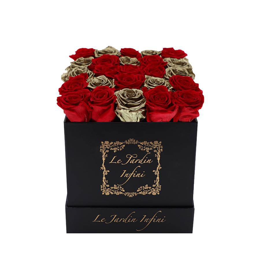 Gold & Red Heart Preserved Roses - Medium Square Black Box