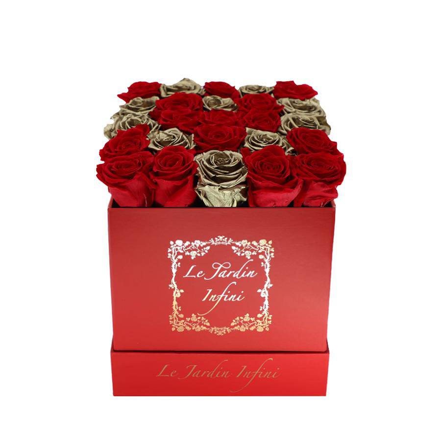 Gold & Red Heart Preserved Roses - Medium Square Red Box