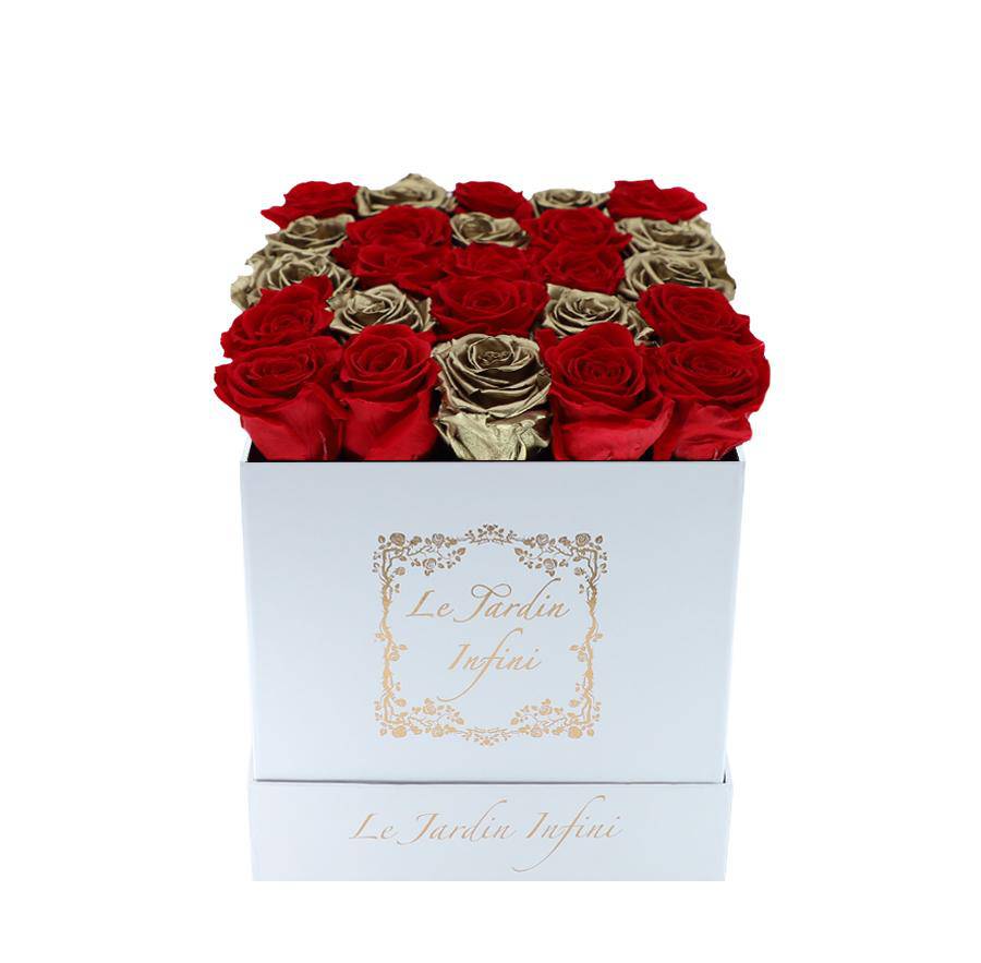 Gold & Red Heart Preserved Roses - Medium Square White Box