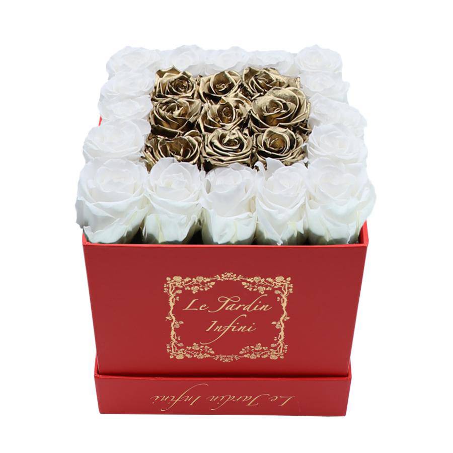 Gold Square & White Preserved Roses - Medium Square Red Box
