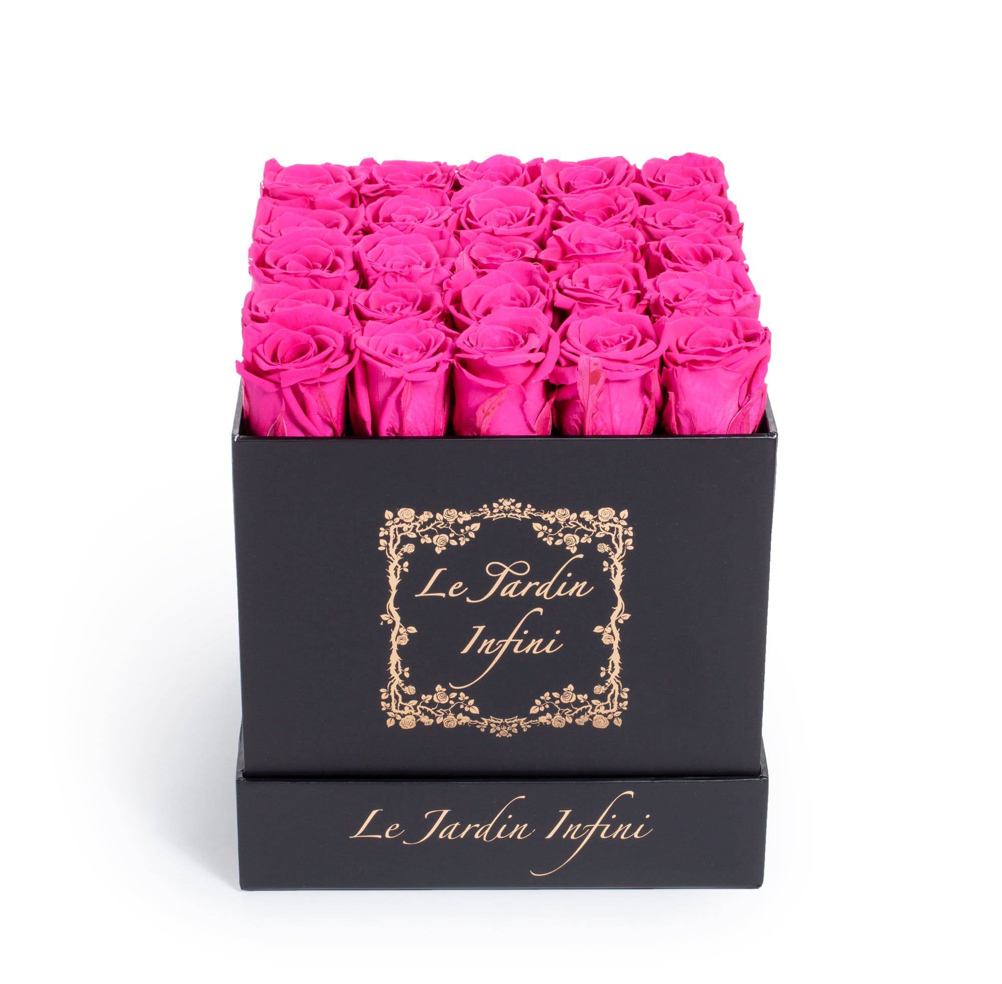 Hot Pink Preserved Roses - Medium Square Black Box - Le Jardin Infini Roses in a Box