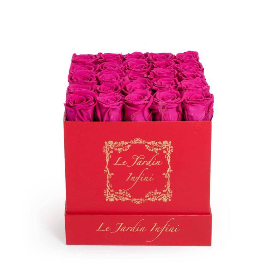 Hot Pink Preserved Roses - Medium Square Red Box