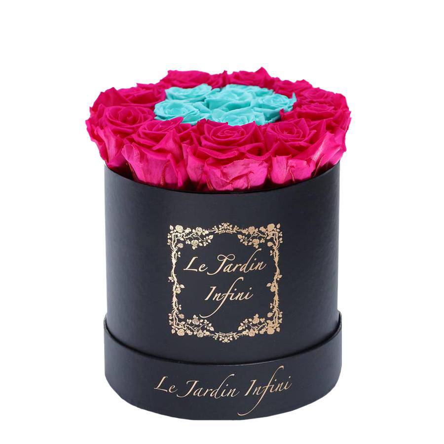 Hot Pink & Turquoise Preserved Roses - Medium Round Black Box